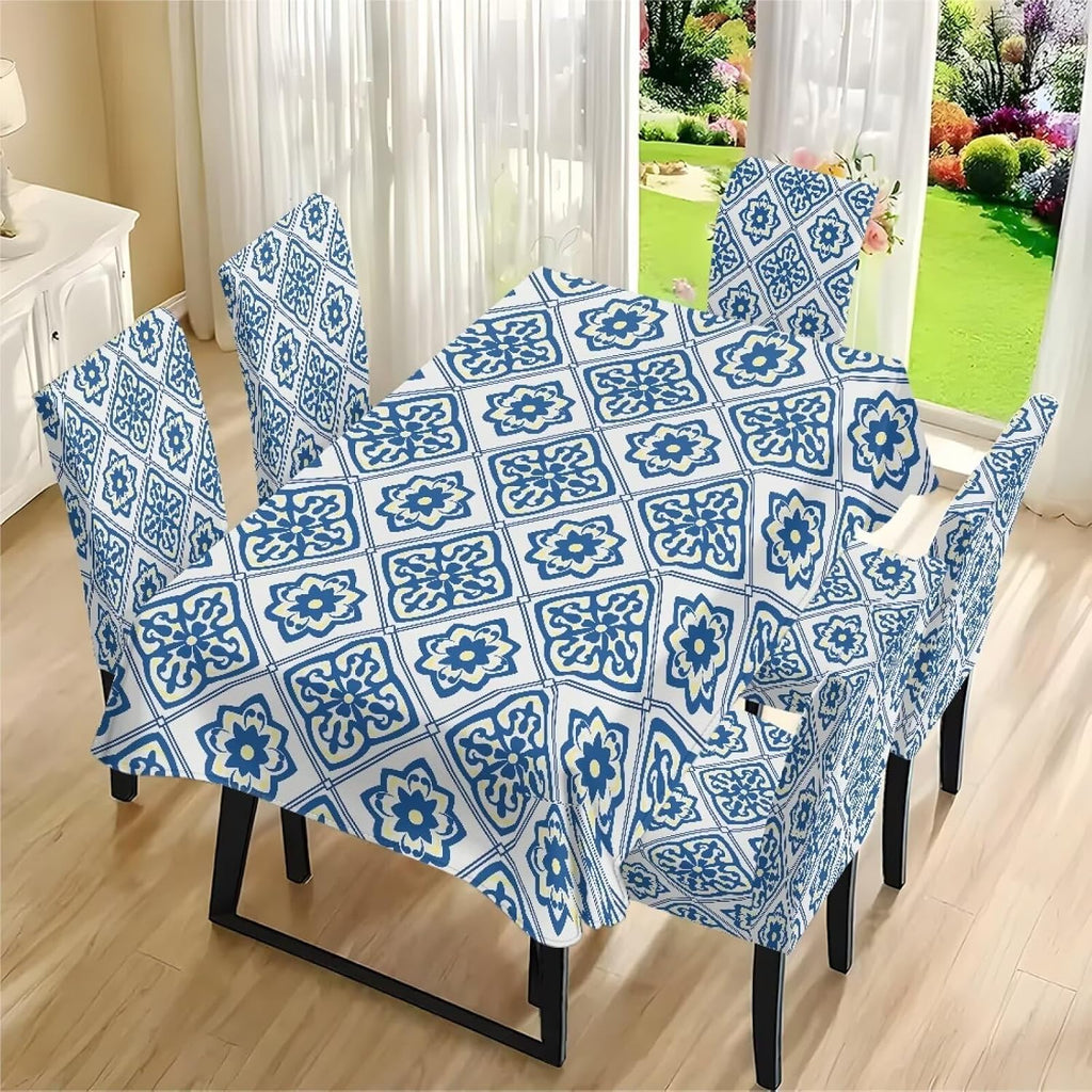 Blue Floral Rectangular Table Cloth & Dining Chair Covers Set of 5, Stain Resistant Wipeable Chair Protectors for Farmhouse Rustic Home Kitchen Party Decor