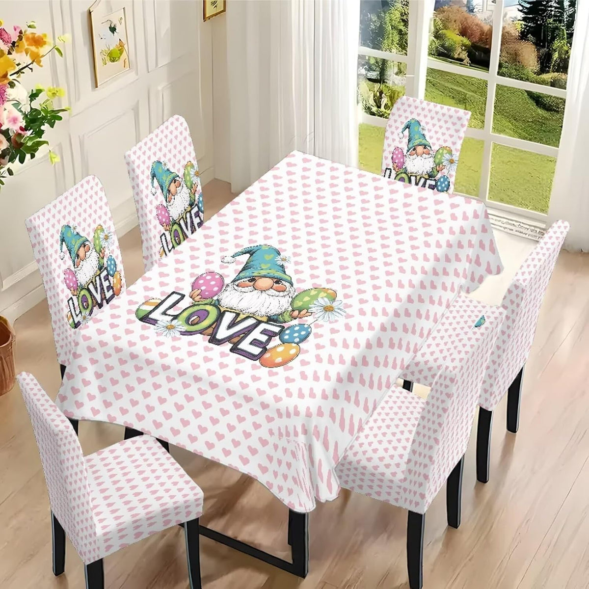 Dining Seat Slipcovers for Easter Decor Set of 7 Includes Tablecloths and Stretch Removable Dining Room Chair Covers Stain Resistant Table Protector, Easter Egg Love Heart Gnome Print