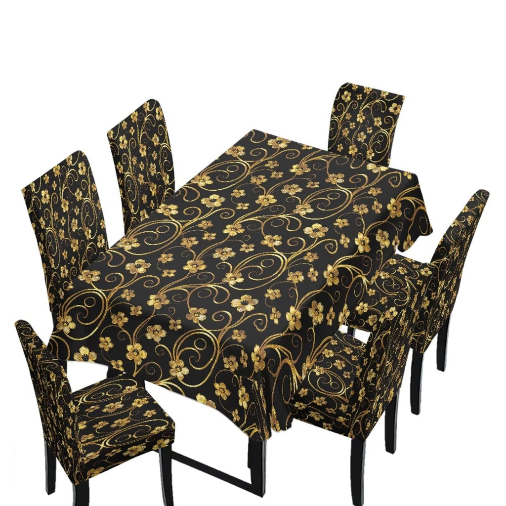 Table Cloth and Dining Chair Covers Set of 5, Kitchen Chair Slipcovers Rectangle Table Cover, Removable Anti-dust Tablecloths Stain Resistant Soft Hotel Decor, Blue Retro Floral