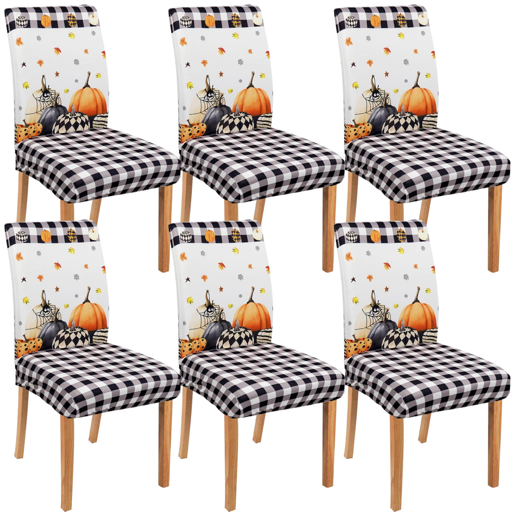 Halloween Chair Covers Set of 4, Fall Pumpkin Black/White Buffalo Plaid Chairs Slipcover for Dining Room, Removable Washable Breathable Cover in the Kitchen Restaurant Holiday Decor