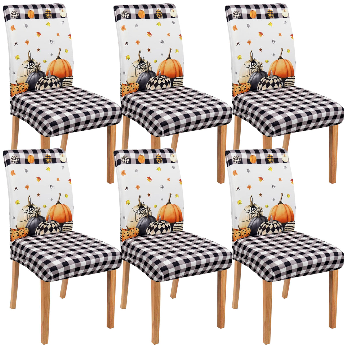 Halloween Chair Covers Set of 4, Fall Pumpkin Black/White Buffalo Plaid Chairs Slipcover for Dining Room, Removable Washable Breathable Cover in the Kitchen Restaurant Holiday Decor