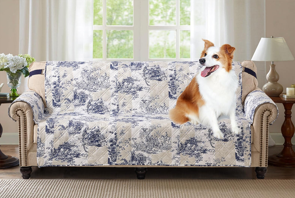 Brilliant Sunshine Blue Toile Couch Loveseat Slip Cover for Dogs