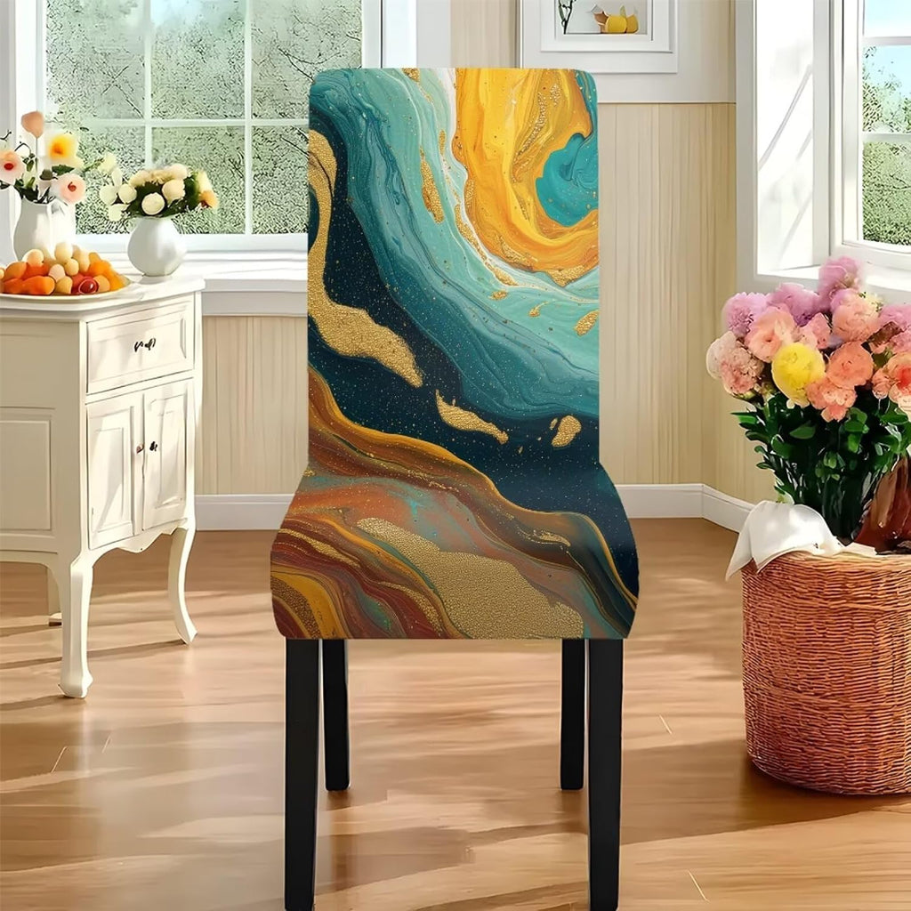 Table Cloth Rectangle Table Set of 7 Include Dining Chair Covers and Tablecloths for Dining Room Kitchen Banquet, Anti-Scratch Chair Seat Cover, Fluid Marble Print Green Gold Brown