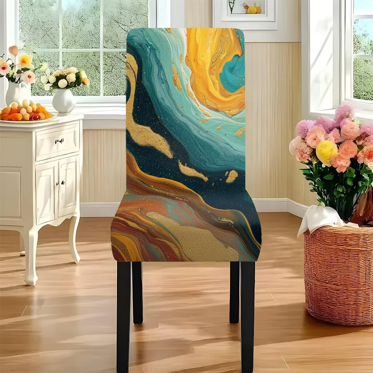 Table Cloth Rectangle Table Set of 7 Include Dining Chair Covers and Tablecloths for Dining Room Kitchen Banquet, Anti-Scratch Chair Seat Cover, Fluid Marble Print Green Gold Brown