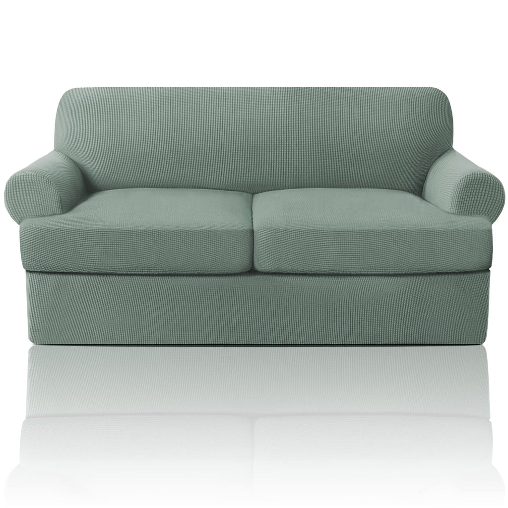PrinceDeco T Cushion Loveseat Slipcover - 3 Pieces Sofa Cover for 2 Cushion Couch with 2 Individual T Shape Seat Covers Width Up to 76 Inch - Stretch, Machine Washable, Porcelain