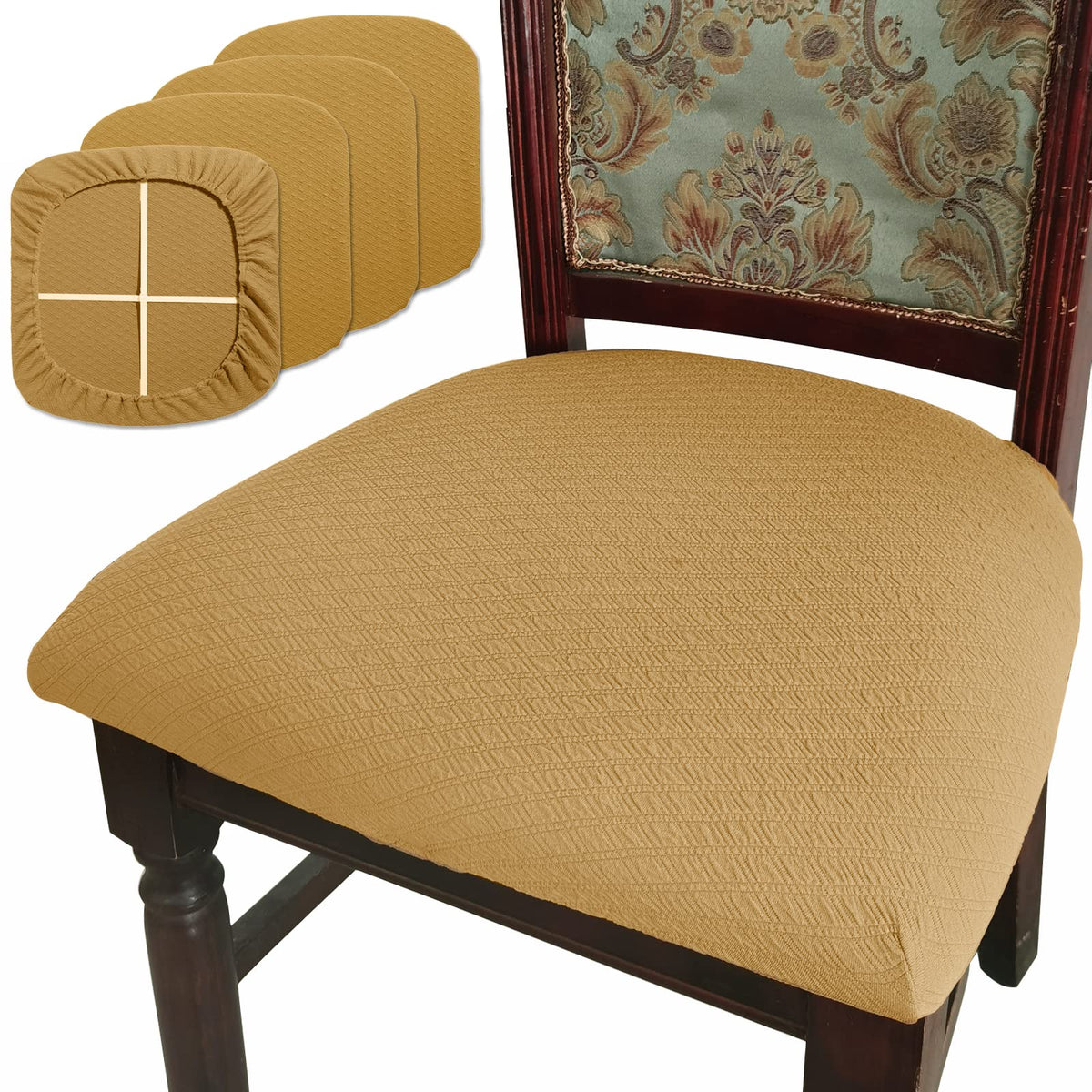 BUYUE Dining Room Chair Seat Covers Set of 6, TPU not Mixed, Friendly Jacquard Fabric Stretch Washable Slipcover for Kitchen Seat Cushions, Beige-6PCS
