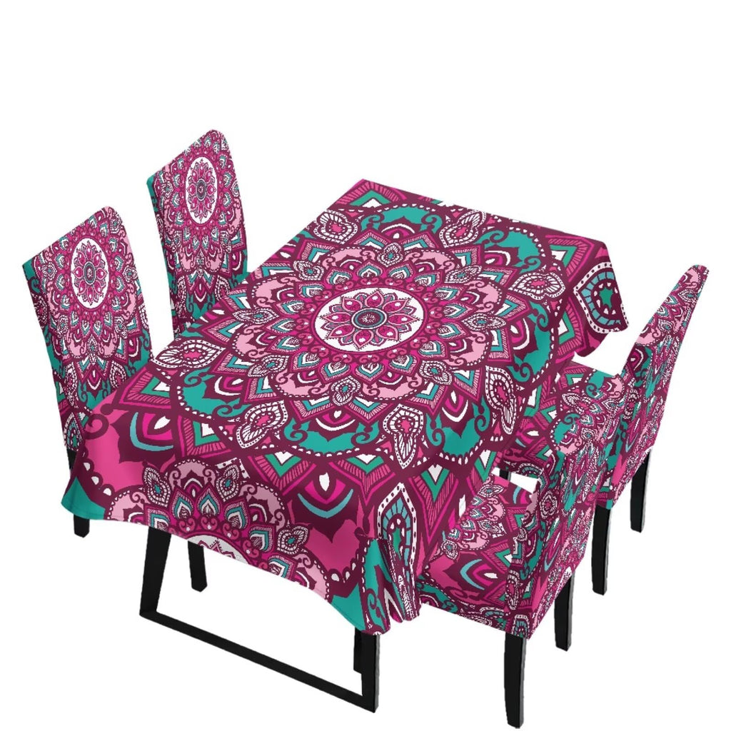 Table Cloth and Dining Chair Covers Set of 5, Kitchen Chair Slipcovers Rectangle Table Cover, Removable Anti-dust Tablecloths Stain Resistant Soft Hotel Decor, Blue Retro Floral