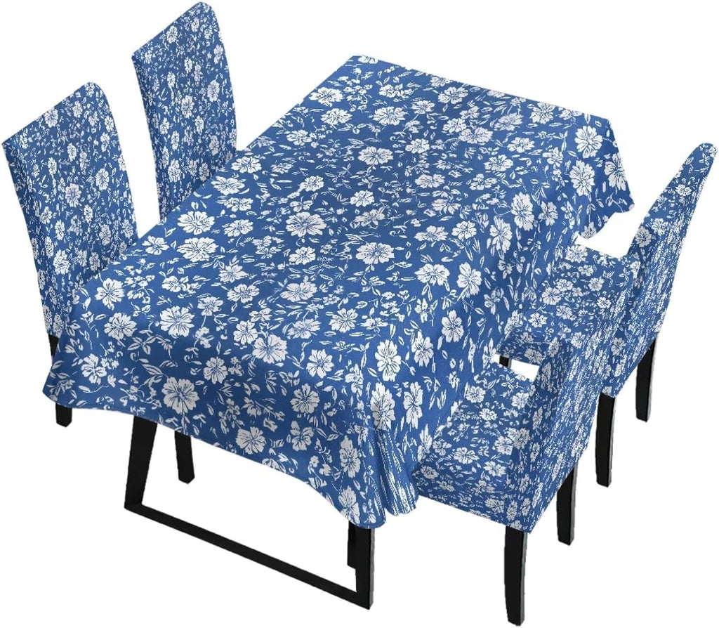 Table Cloth and Dining Chair Covers Set of 5, Kitchen Chair Slipcovers Rectangle Table Cover, Removable Anti-dust Tablecloths Stain Resistant Soft Hotel Decor, Blue Retro Floral
