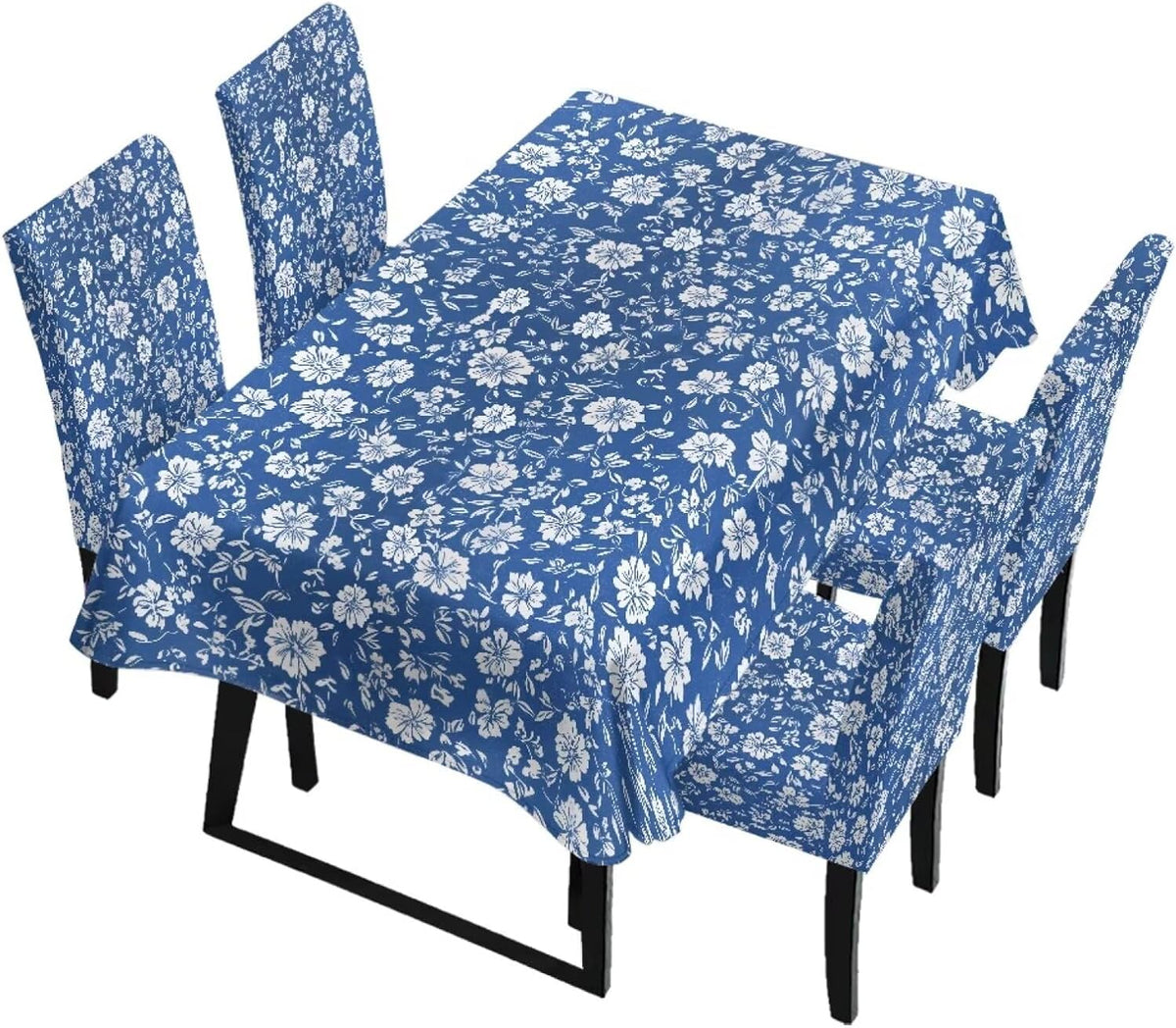 Table Cloth and Dining Chair Covers Set of 5, Kitchen Chair Slipcovers Rectangle Table Cover, Removable Anti-dust Tablecloths Stain Resistant Soft Hotel Decor, Blue Retro Floral
