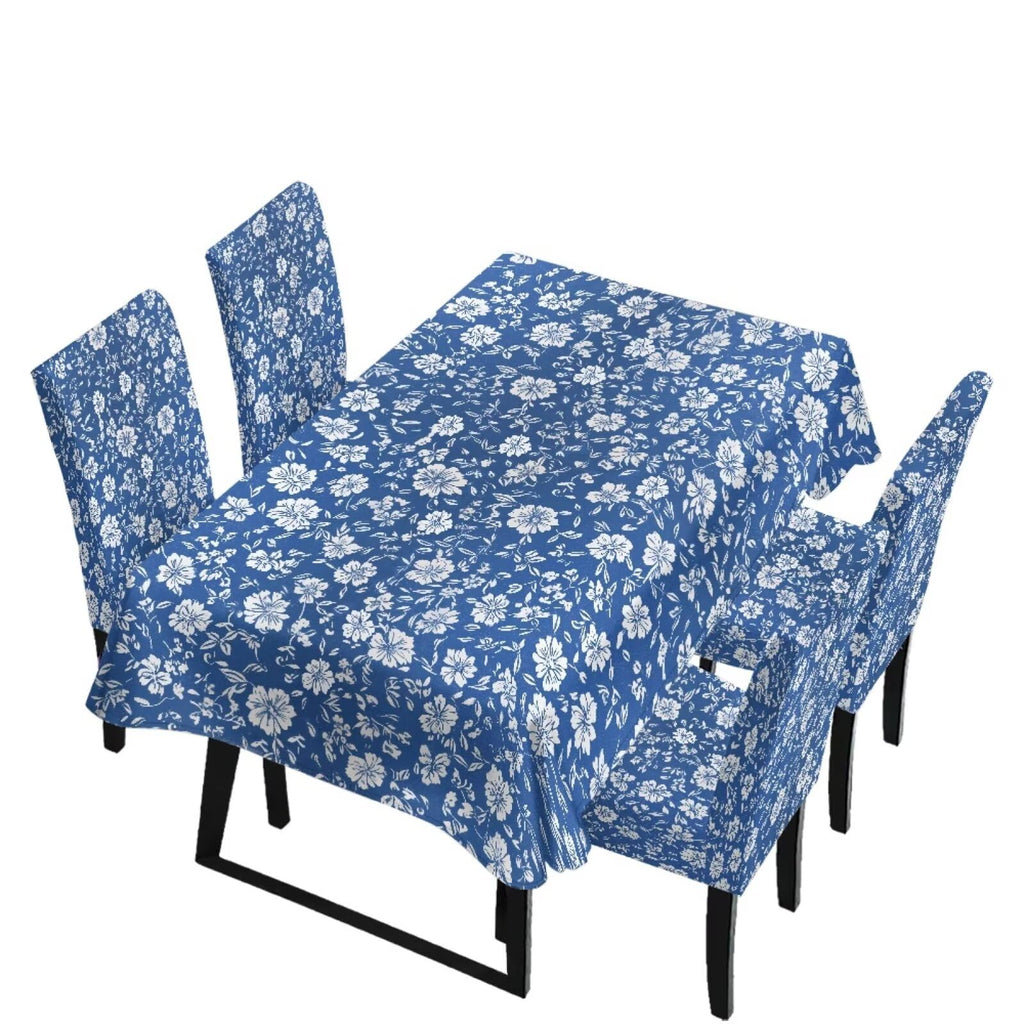 Table Cloth and Dining Chair Covers Set of 5, Kitchen Chair Slipcovers Rectangle Table Cover, Removable Anti-dust Tablecloths Stain Resistant Soft Hotel Decor, Blue Retro Floral