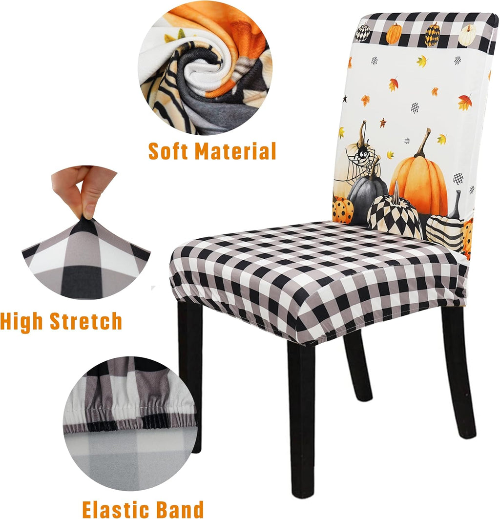 Halloween Chair Covers Set of 4, Fall Pumpkin Black/White Buffalo Plaid Chairs Slipcover for Dining Room, Removable Washable Breathable Cover in the Kitchen Restaurant Holiday Decor