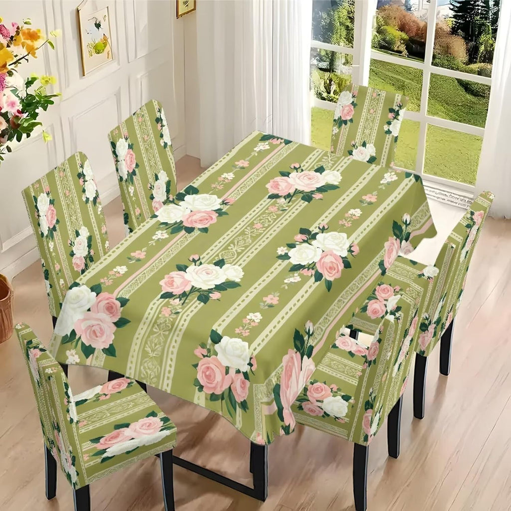 Dining Room Chair Cover and Tablecloths 7 Pack, Stain Resistant Stretch Kitchen Chair Seat Slipcovers Anti-Wrinkle Table Protector for Party, Pastoral Rose Flower Stripes Print Green