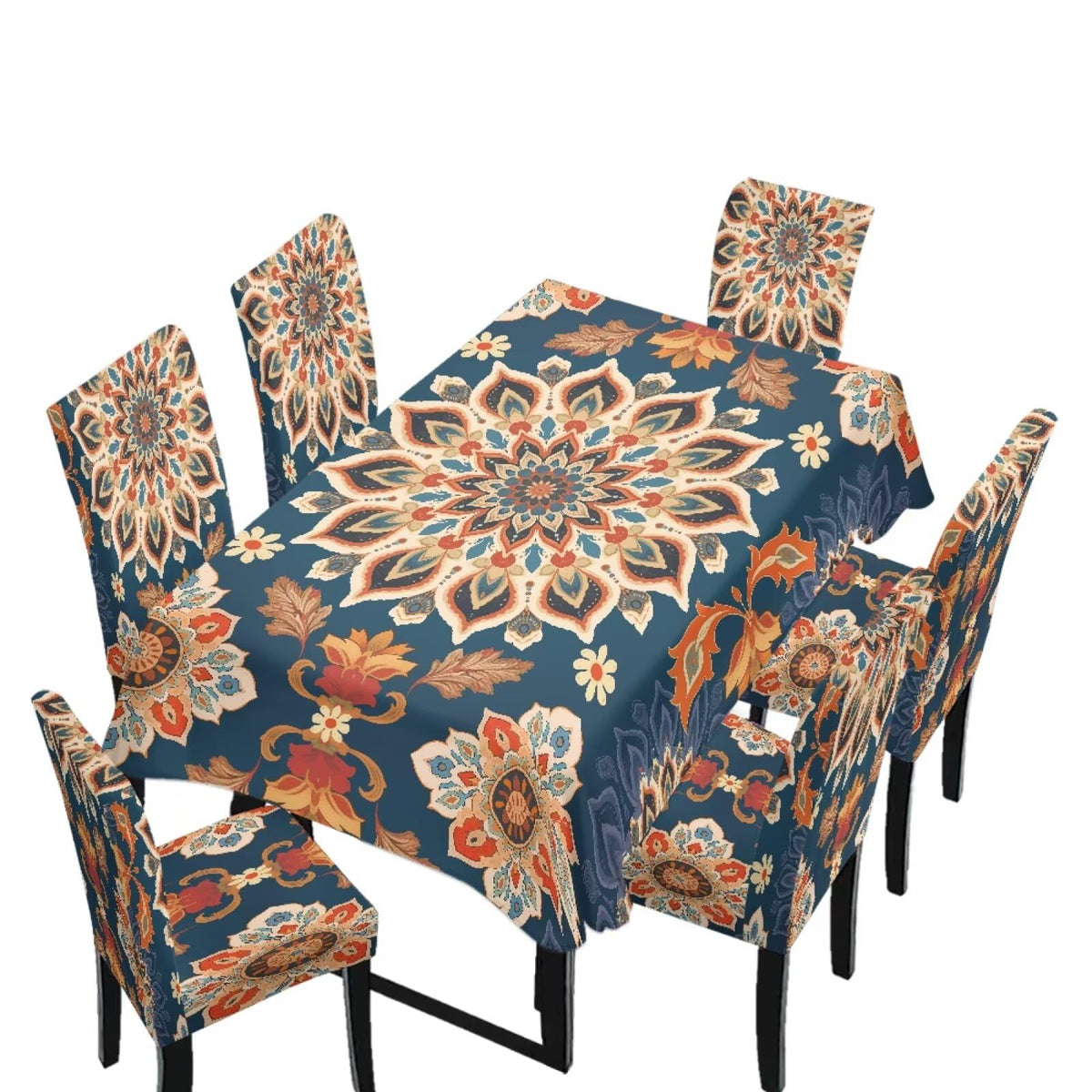 Table Cloth and Dining Chair Covers Set of 5, Kitchen Chair Slipcovers Rectangle Table Cover, Removable Anti-dust Tablecloths Stain Resistant Soft Hotel Decor, Blue Retro Floral