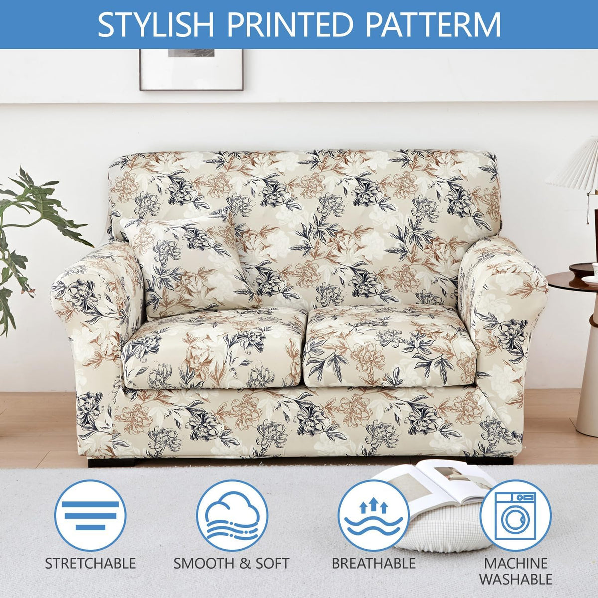 Stretch Printed Sofa Cover Couch Covers, 4-PieceLoveseat Slipcovers with 2 Separate Cushion Cover & 1 Pillow Case, Washable Soft Spandex Furniture Protector for Living Room(Loveseat, Flower)