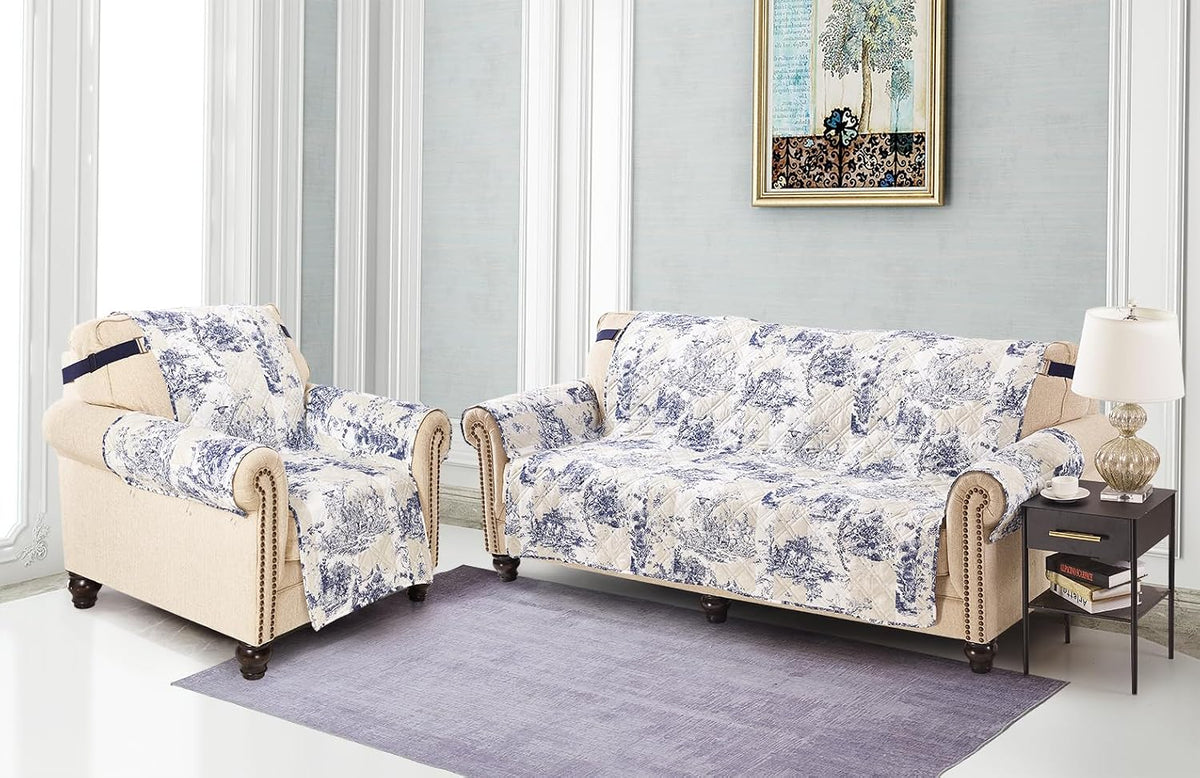 Brilliant Sunshine Blue Toile Couch Loveseat Slip Cover for Dogs