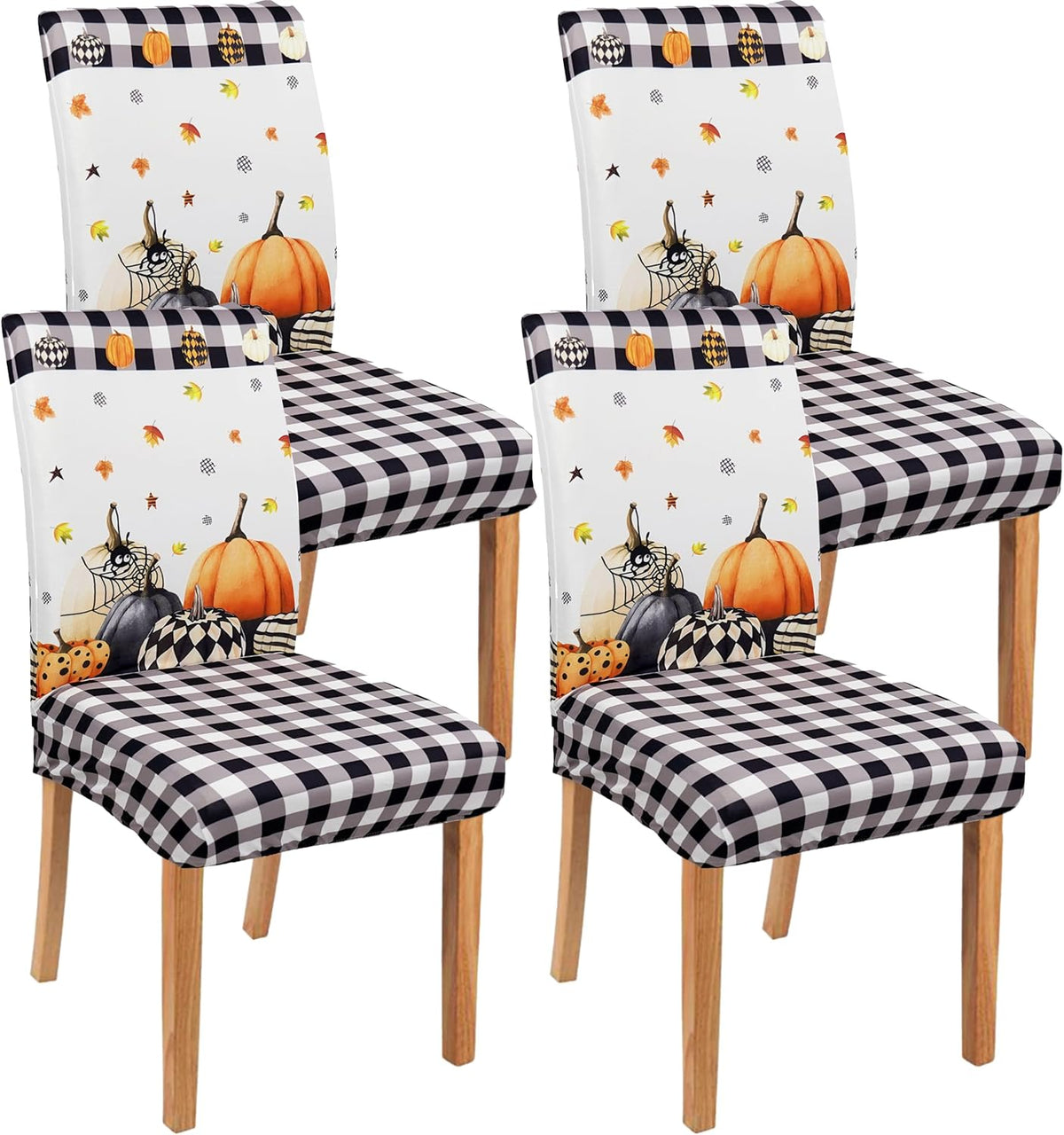 Halloween Chair Covers Set of 4, Fall Pumpkin Black/White Buffalo Plaid Chairs Slipcover for Dining Room, Removable Washable Breathable Cover in the Kitchen Restaurant Holiday Decor