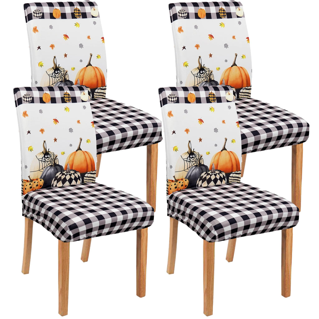 Halloween Chair Covers Set of 4, Fall Pumpkin Black/White Buffalo Plaid Chairs Slipcover for Dining Room, Removable Washable Breathable Cover in the Kitchen Restaurant Holiday Decor