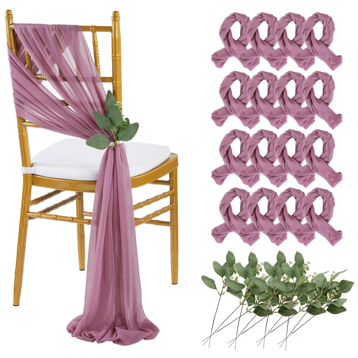 QueenDream White Chair Sashes Wedding Aisle Decorations: 24 Packs 8ft Long Draping Fabric Sheer Church Chair Cover Bulk for Party Banquet