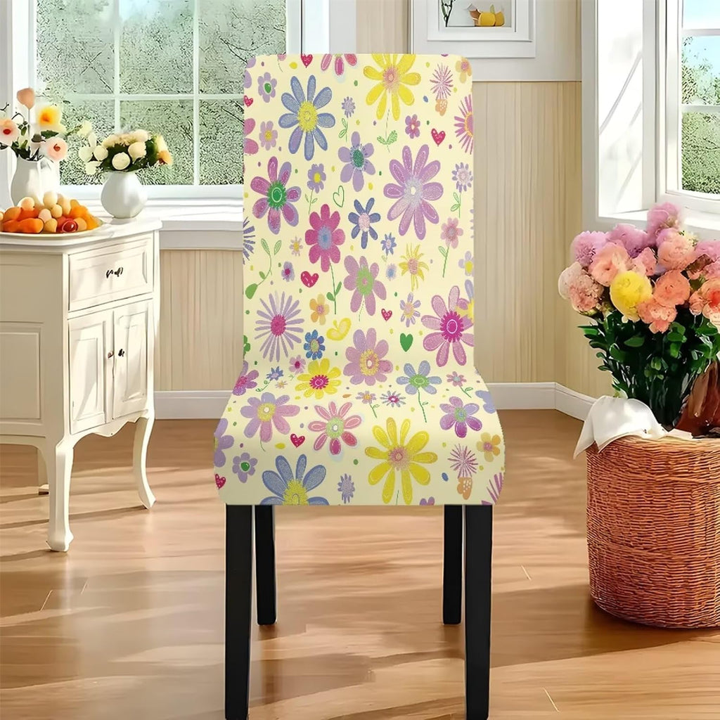 Table Cloth Rectangle Table Set of 7 Include Kitchen Chair Covers and Tablecloths for Dining Room Hotel Banquet, Anti-Scratch Chair Seat Protector Cover, Daisy Hippie Flower Print