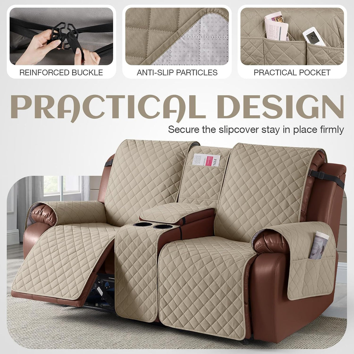 KinCam 100% Waterproof Loveseat Recliner Cover with Console, Khaki