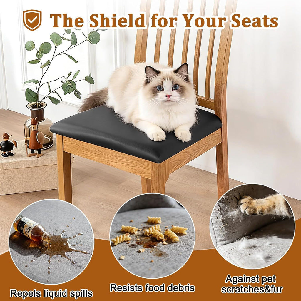 Dioxide Seat Covers Waterproof PU Leather Chair Covers Set of 6 for Dining Chairs,Stretch Fit Removable Chair Seat Protector Slipcovers with Elastic Band for Kitchen, Hotel (Black)