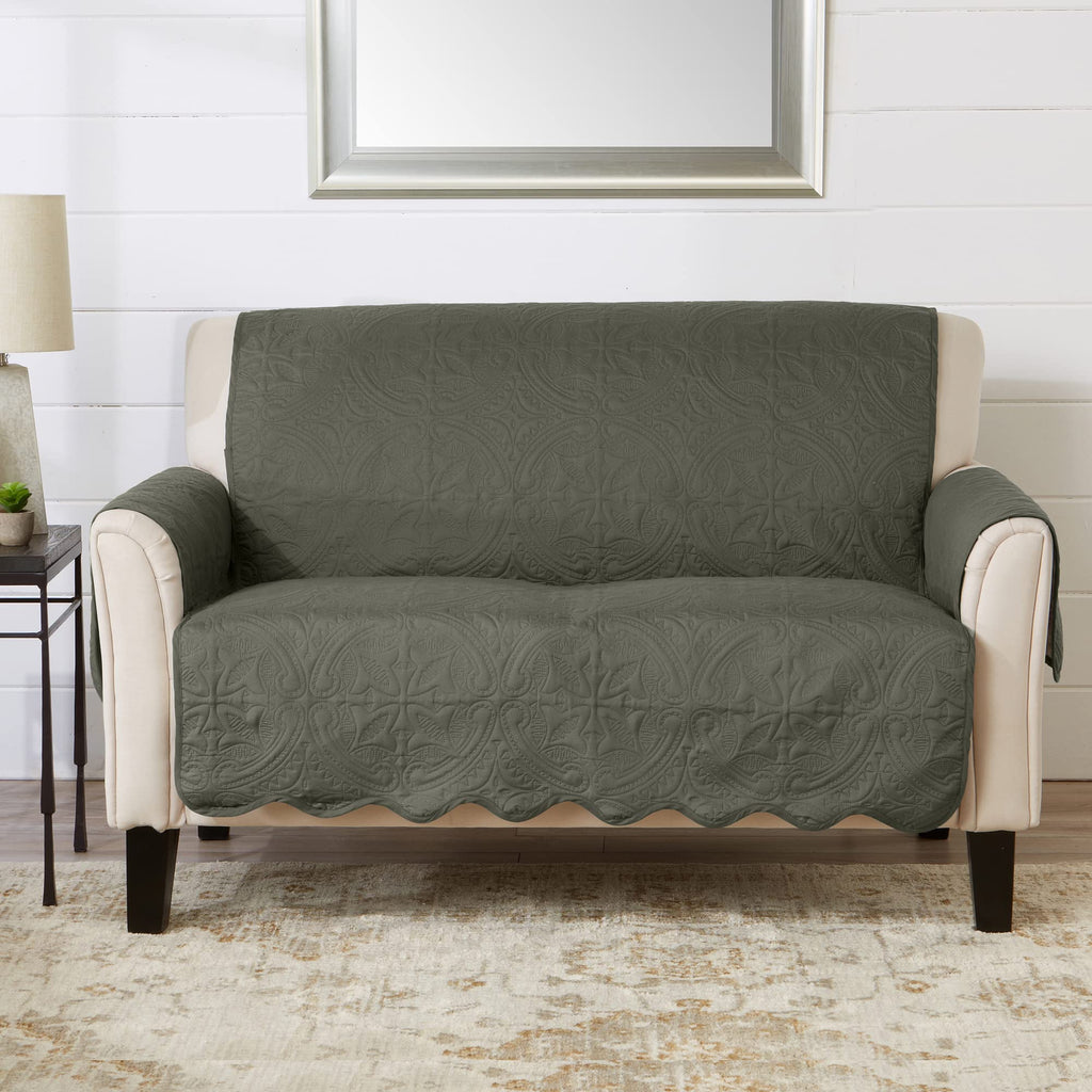 Great Bay Home Reversible Patchwork Loveseat Cover - Washable Slipcover Furniture Protector with Elastic Straps - Perfect for Kids & Pets - Box-Stitched Detail (Taupe)