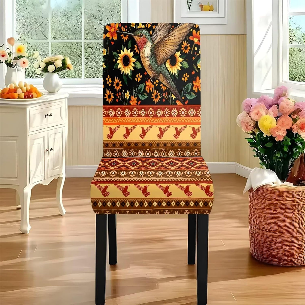 Table Cloth Rectangle Table Set of 5 Include Dining Chair Covers and Tablecloths for Dining Room Banquet, Anti-Scratch Chair Seat Protector Cover, Hummingbird Sunflower Tribe Print