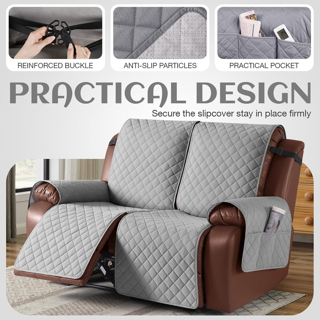KinCam Waterproof Loveseat Recliner Covers Washable, 2 Seater, Light Gray