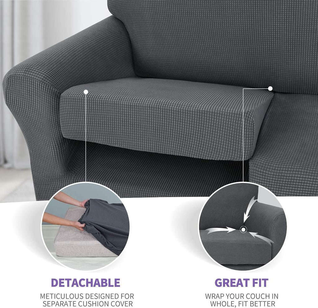 ZNSAYOTX 3-Piece Loveseat Slipcovers High Stretch Spandex Sofa Slip Cover Living Room Love Seat Couch Covers for 2 Cushion Couch Jacquard Small Checks Furniture Protector (Dark Grey, Loveseat)