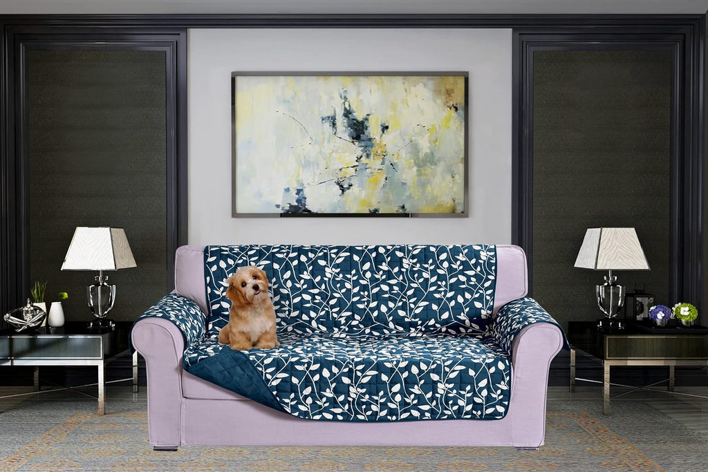 Elegant Comfort Quilted Furniture Protectors Solid and Printed Design Reversible Slipcovers Featuring Elastic Straps and Smart Pockets Great for Pets, Kids and More, Smart Leaf Loveseat, Sage