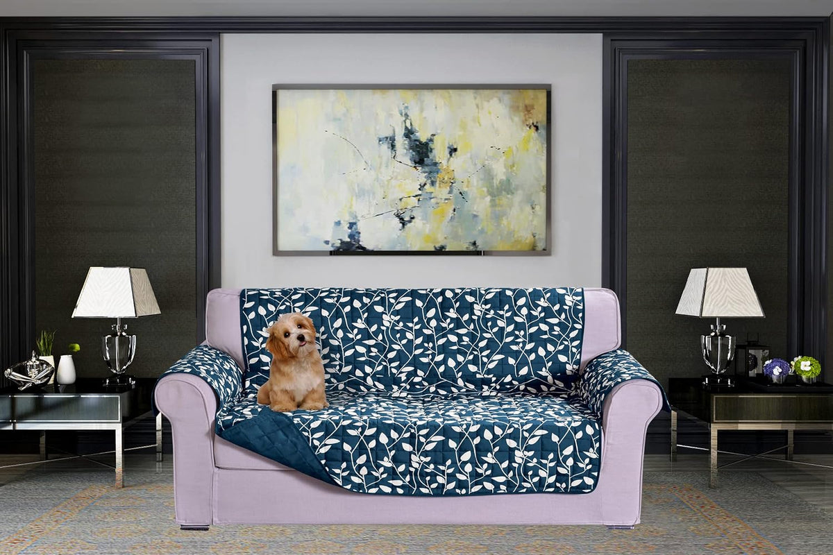 Elegant Comfort Quilted Furniture Protectors Solid and Printed Design Reversible Slipcovers Featuring Elastic Straps and Smart Pockets Great for Pets, Kids and More, Smart Leaf Loveseat, Sage
