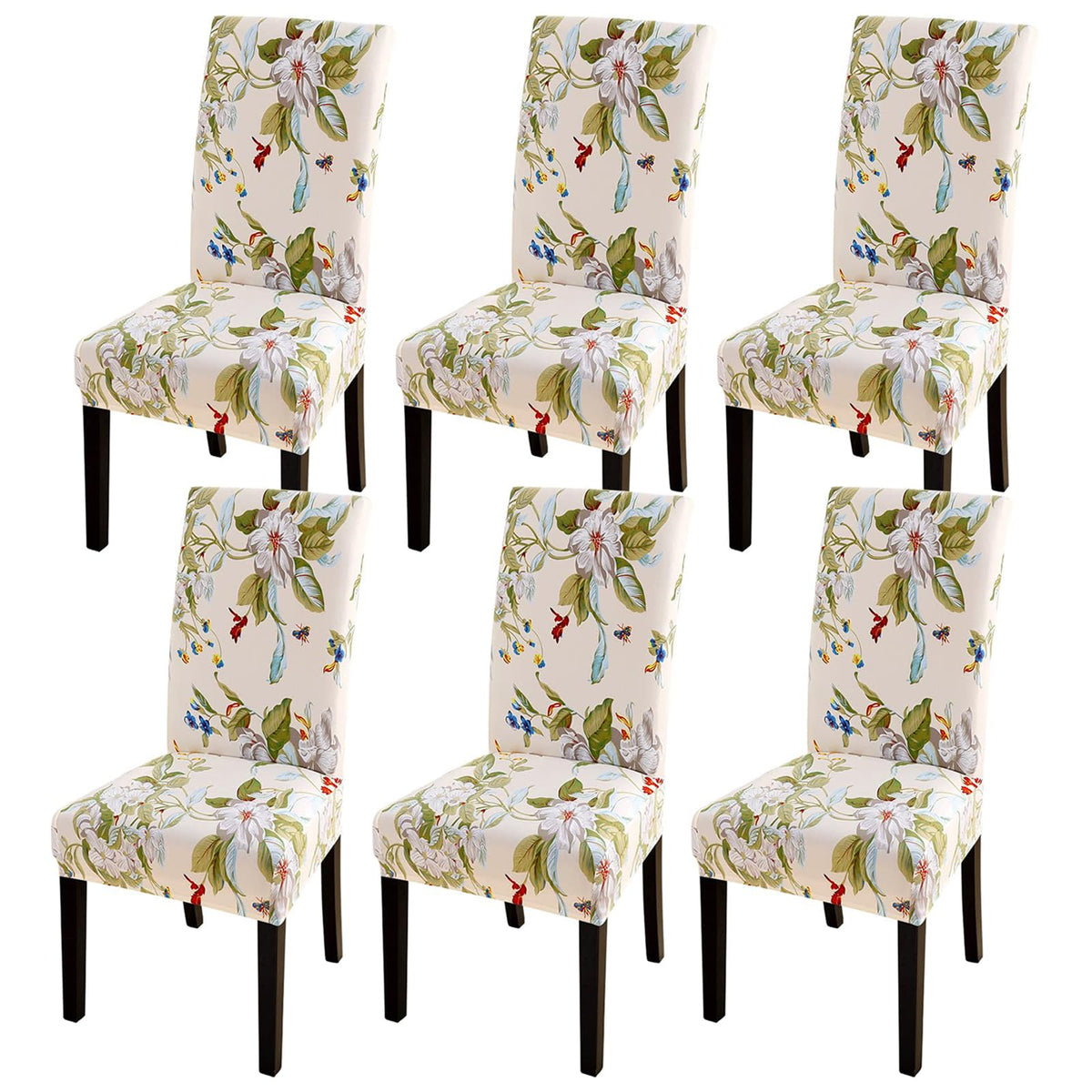 SearchI Chair Covers Slipcovers Set of 4, Spandex Super Fit Stretch Removable Washable Kitchen Parsons Protector for Dining Room,Hotel,Ceremony,Beige+Flowers