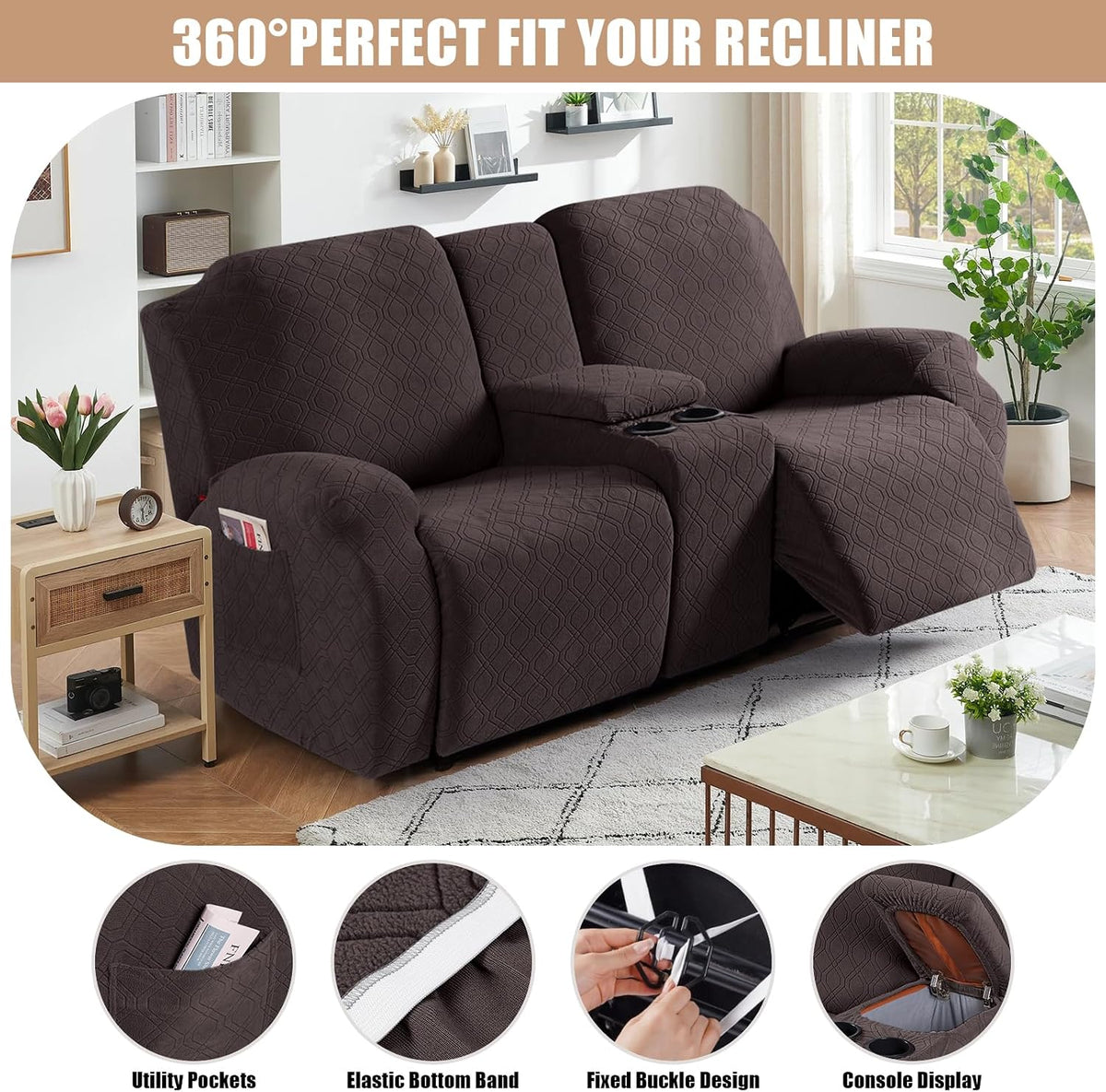 VANSOFY Stretch Recliner Loveseat Cover with Middle Console, Chocolate