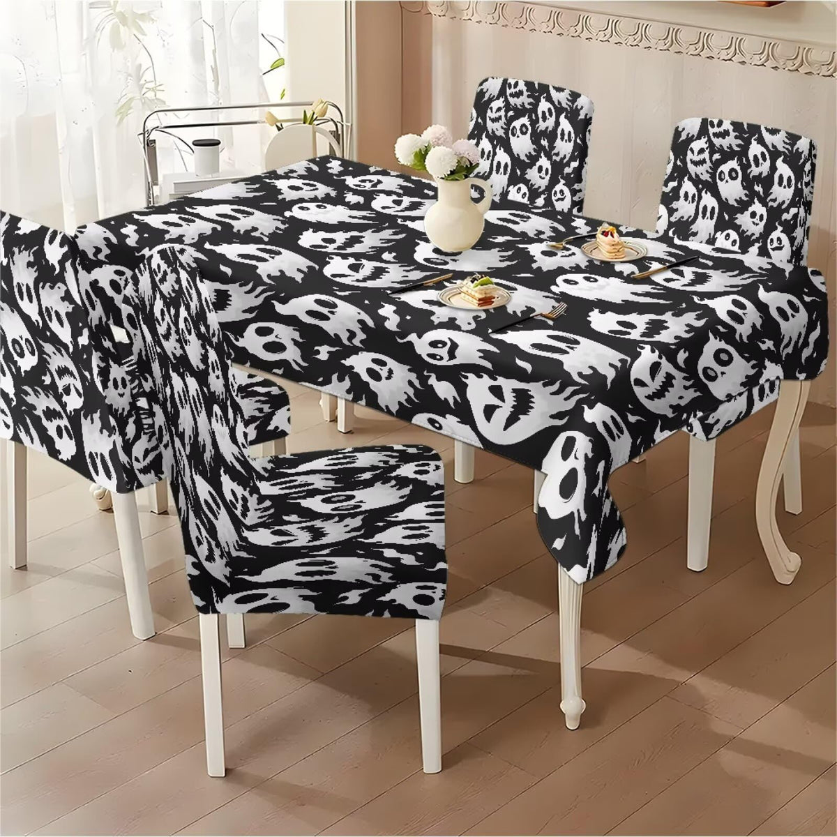Thanksgiving Themed Dining Room Chair Cover and Tablecloths 5 Packs, Fall Leaf Print Kitchen Chair Seat Slipcovers Anti-Wrinkle Table Protector for Thanksgiving Day Party