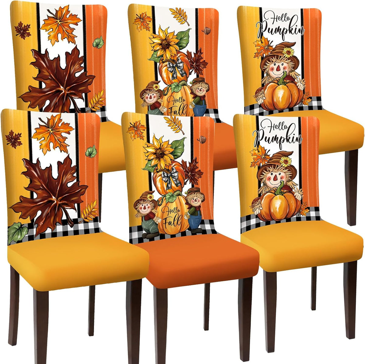 Chair Covers Set of 6 Dining Protector Stretch Autumn Pumpkin Scarecrow Maple Leaves Slipcovers Removable Washable for Dining Hotel Party Wedding