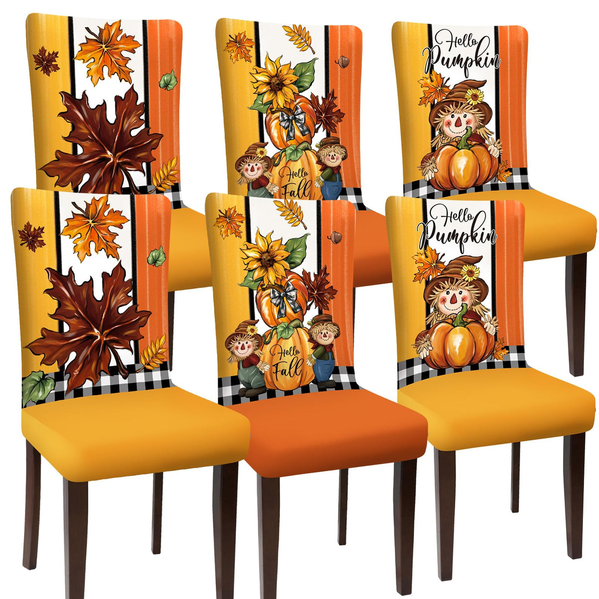 Chair Covers Set of 6 Dining Protector Stretch Autumn Pumpkin Scarecrow Maple Leaves Slipcovers Removable Washable for Dining Hotel Party Wedding
