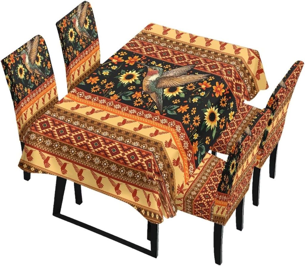 Table Cloth Rectangle Table Set of 5 Include Dining Chair Covers and Tablecloths for Dining Room Banquet, Anti-Scratch Chair Seat Protector Cover, Hummingbird Sunflower Tribe Print