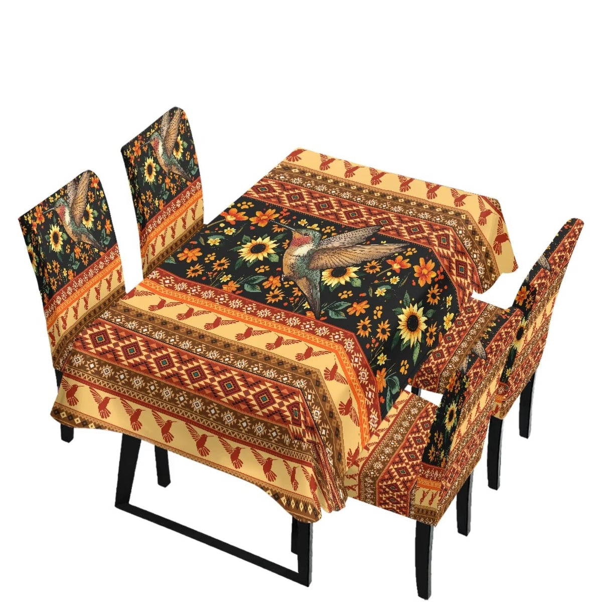 Table Cloth Rectangle Table Set of 7 Include Kitchen Chair Covers and Tablecloths for Dining Room Hotel Banquet, Anti-Scratch Chair Seat Protector Cover, Daisy Hippie Flower Print