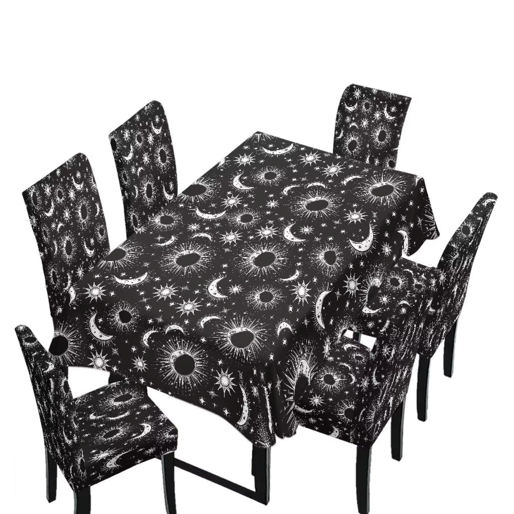 5 Pack Dining Room Chair Cover Set and Table Cloth Rectangle, Dust Proof Machine Washable Tablecloths Comfortable Chair Seat Slipcovers for Restaurant Decor, Abstract Fluid Marble
