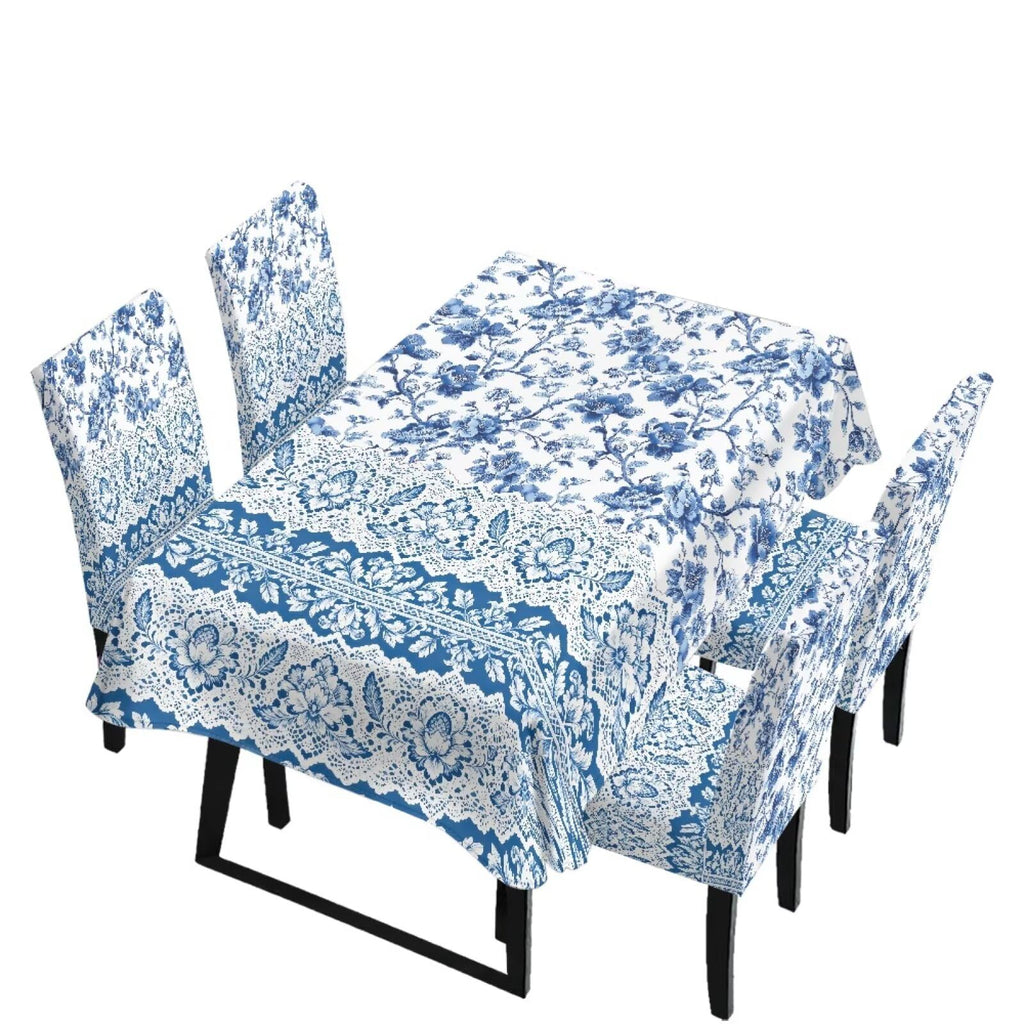Table Cloth Rectangle Table Set of 7 Include Kitchen Chair Covers and Tablecloths for Dining Room Hotel Banquet, Anti-Scratch Chair Seat Protector Cover, Daisy Hippie Flower Print