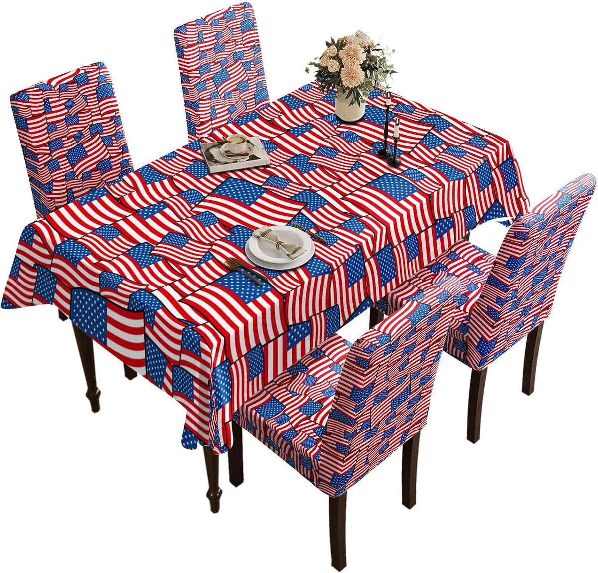 Table and Chair Decoration Protective Cover, Full Screen of American Flag Pattern, Dirt Resistant, Detachable and Washable, Suitable for Chair Decoration (4PC Chair Cover+1PC Tablecloth)