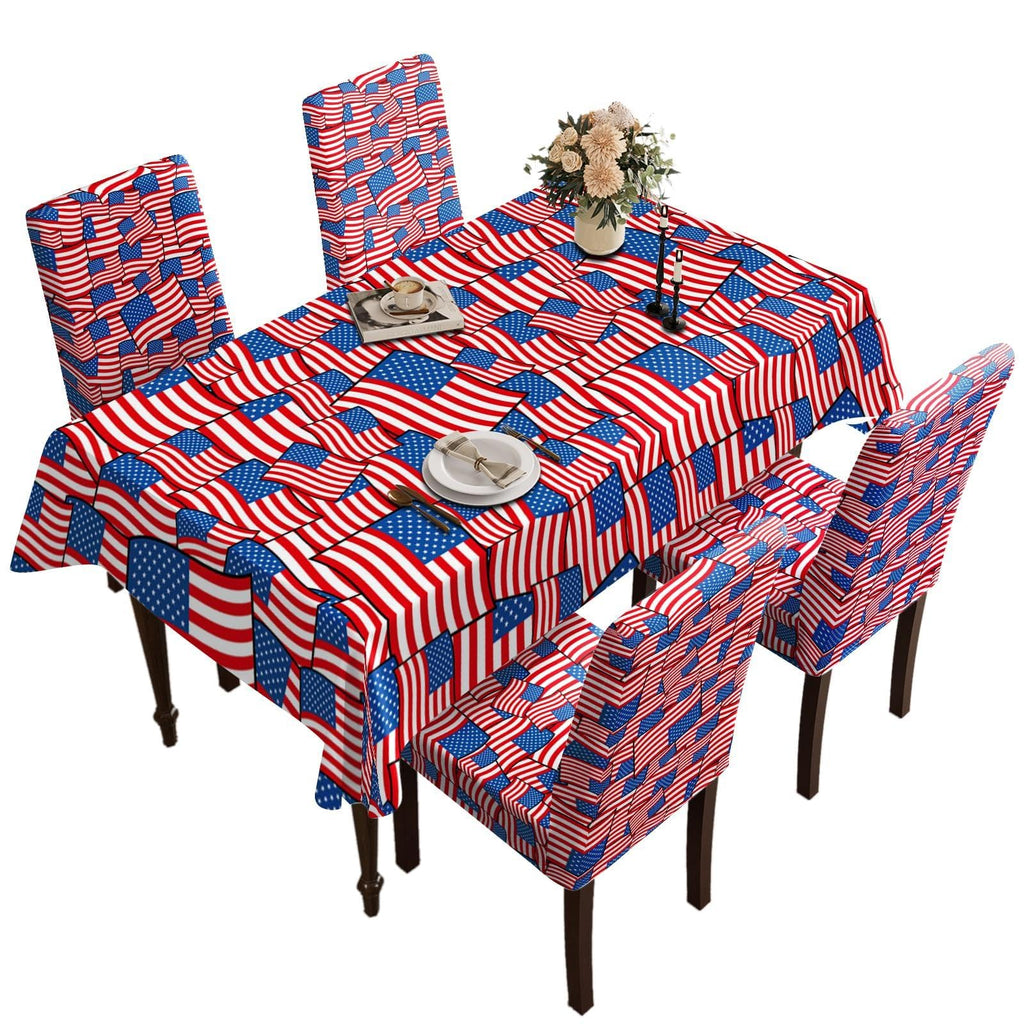Table and Chair Decoration Protective Cover, Full Screen of American Flag Pattern, Dirt Resistant, Detachable and Washable, Suitable for Chair Decoration (4PC Chair Cover+1PC Tablecloth)