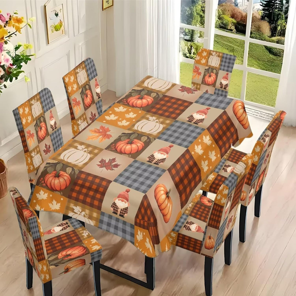 Fall Pumpkin Rectangular Table Cloth & Dining Chair Covers Set of 7, Stain Resistant Wipeable Chair Protectors for Farmhouse Rustic Home Kitchen Party Decor