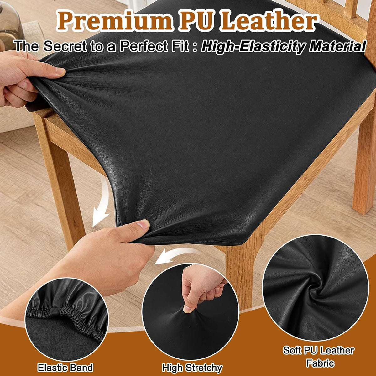 Dioxide Seat Covers Waterproof PU Leather Chair Covers Set of 6 for Dining Chairs,Stretch Fit Removable Chair Seat Protector Slipcovers with Elastic Band for Kitchen, Hotel (Black)