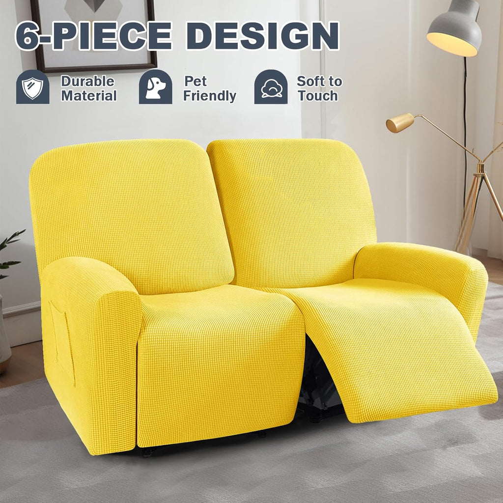 CONRUSER Stretch Recliner Loveseat Cover, 6 Pieces Recliner Slipcovers Soft Couch Cover for 2 Seater Non-Slip Furniture Protector with Pocket (Yellow)