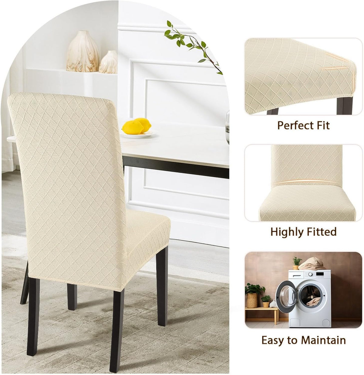SearchI Dining Room Chair Covers Set of 6, Stretch Jacquard Parsons Chair Slipcovers Super Fit Removable Washable Kitchen Chair Protector Cover for Dining Room, Hotel, Ceremony (Beige Rhombus)