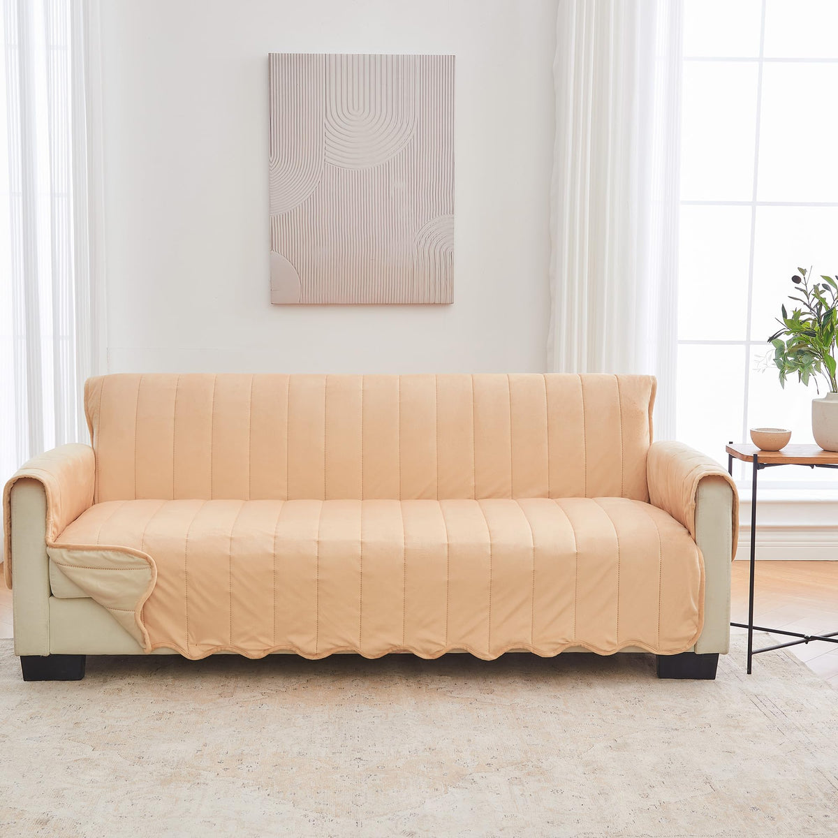 Great Bay Home Reversible Patchwork Loveseat Cover - Washable Slipcover Furniture Protector with Elastic Straps - Perfect for Kids & Pets - Box-Stitched Detail (Taupe)