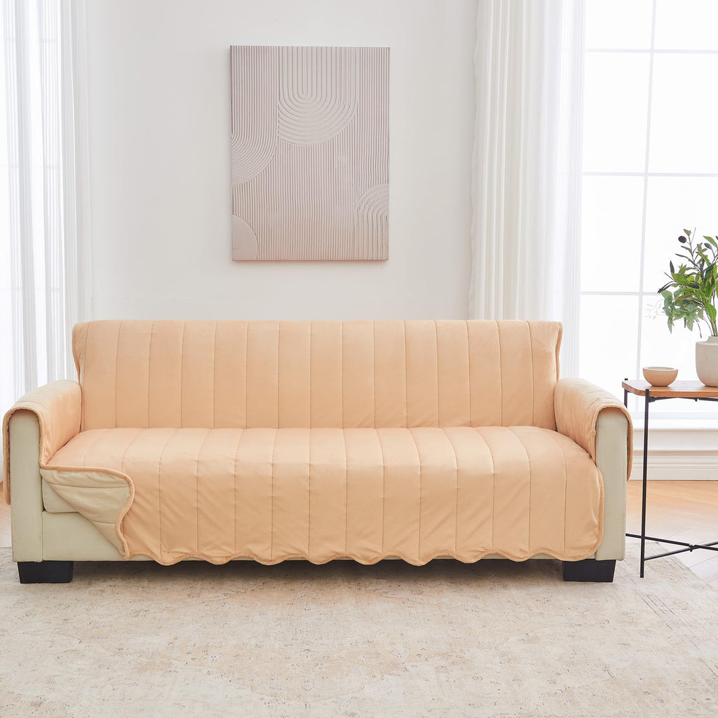 Great Bay Home Reversible Patchwork Sofa Cover - Washable Slipcover Furniture Protector with Elastic Straps - Perfect for Kids & Pets - Box-Stitched Detail (Taupe)