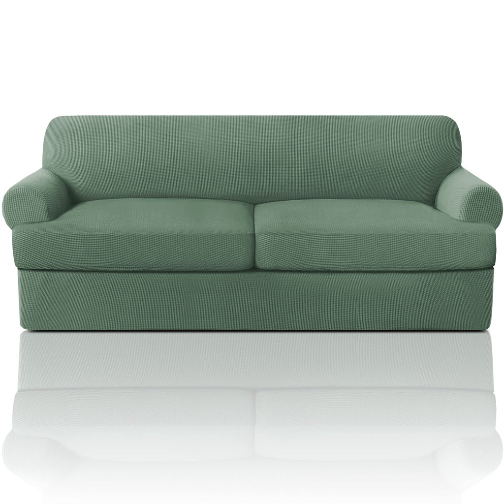 PrinceDeco T Cushion Loveseat Slipcover - 3 Pieces Sofa Cover for 2 Cushion Couch with 2 Individual T Shape Seat Covers Width Up to 76 Inch - Stretch, Machine Washable, Porcelain