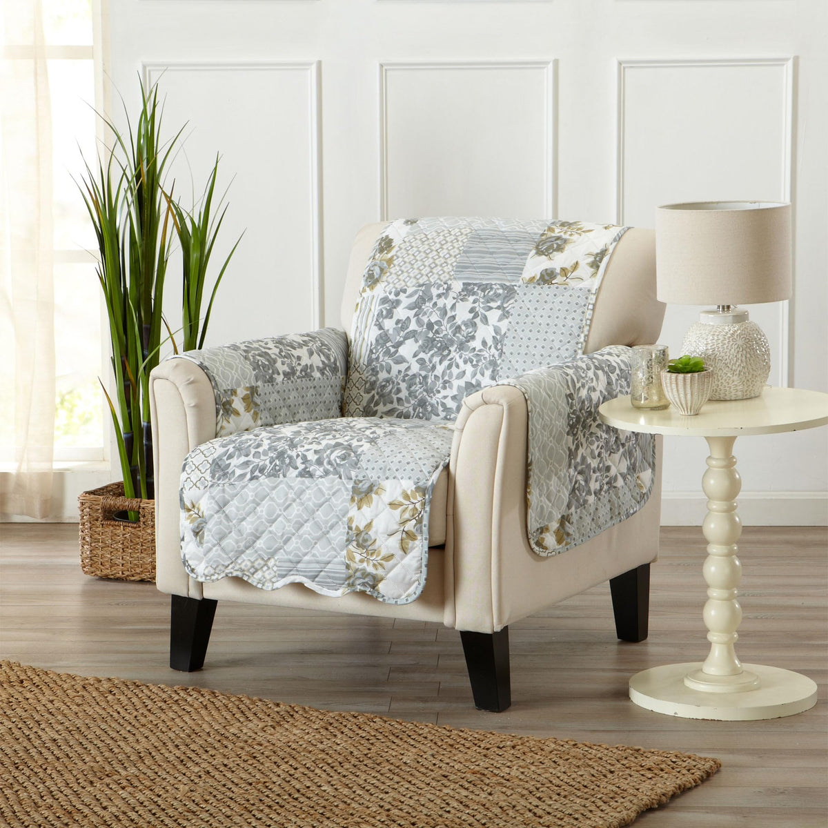Great Bay Home Reversible Patchwork Loveseat Cover - Washable Slipcover Furniture Protector with Elastic Straps - Perfect for Kids & Pets - Box-Stitched Detail (Taupe)